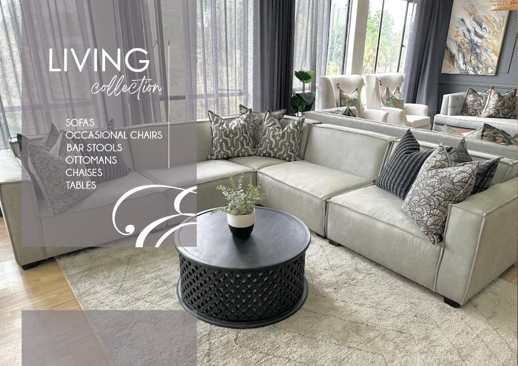 Light-toned sectional sofa set with patterned cushions in a bright living room.