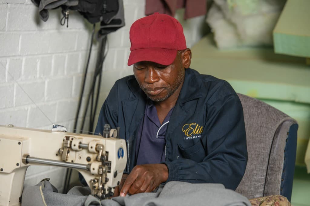 Sewing heavy fabric on an industrial machine.