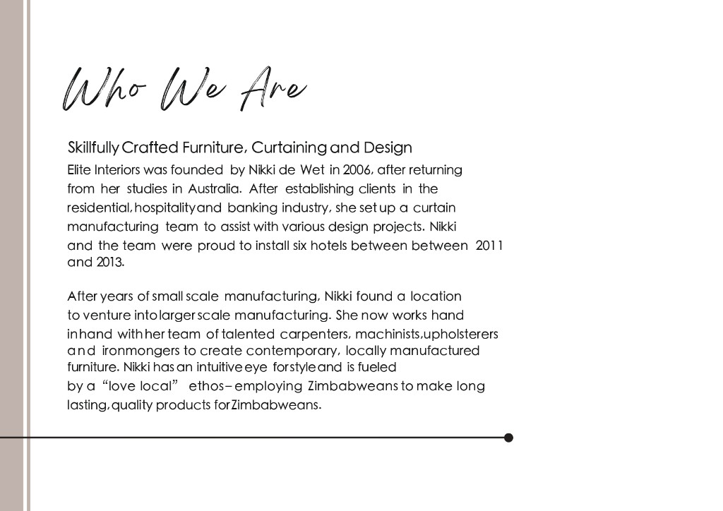Who We Are page from the Elite Interiors catalogue.